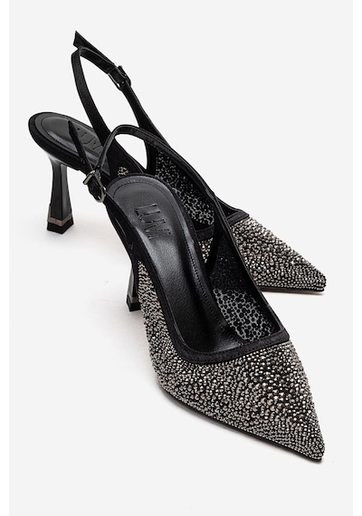 Luvishoes Frea Siyah Platin Taşlı Kadın Topuklu Ayakkabı Siyah