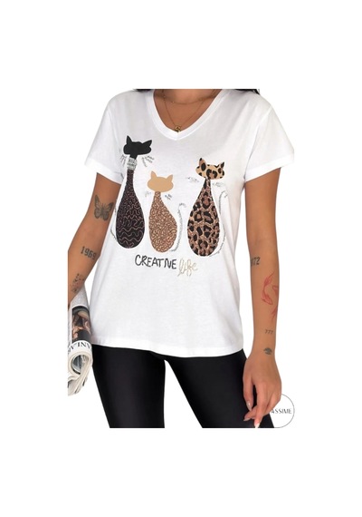 Cassime Kadın Beyaz V Yaka Kedi Leopar Pul Payet İşlemeli %100 Pamuk Tişört Büyük Beden Xl-2xl-3xl Cassime Kadın Beyaz V Yaka Kedi Leopar Pul Payet İşlemeli %100 Pamuk Tişört Büyük Beden Xl-2xl-3xl