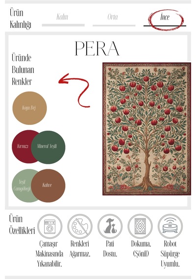 Pera 219 Bej Kırmızı Nar Ağacı Tasarım Halı İnce Kilim Halı Hol Yolluk Ev Oda Salon Halısı