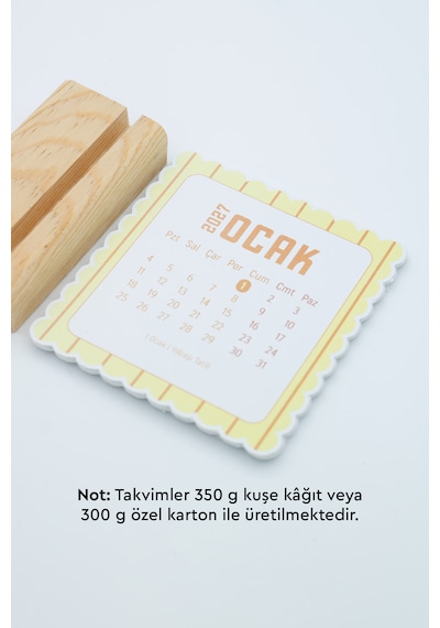 Ahşap Standlı Dalgalı Kesim Sarı Çizgili 2027 Masaüstü Takvimi 8,5x9,5 Cm - Estetik Yeni Yıl Hediyesi Çok Renkli