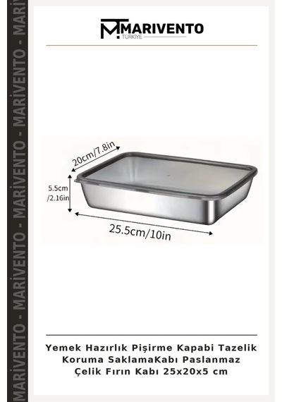 Yemek Hazırlık Pişirme Kapabi Tazelik Koruma Saklamakabı Paslanmaz Çelik Fırın Kabı 25x20x5 Cm