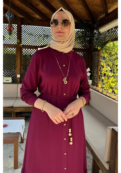 Rabia Şamlı Süreyya Gömlek Elbise Bordo Normal