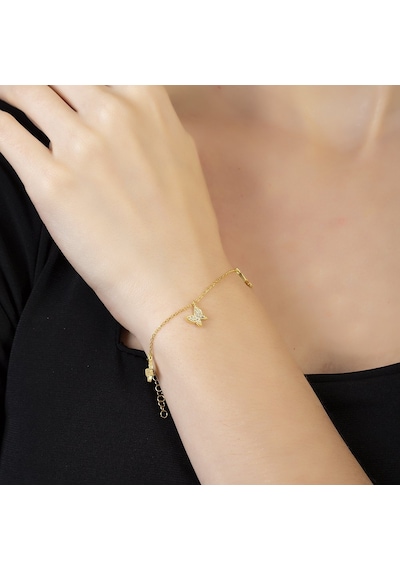 Tesbihane Beyaz Zirkon Taşlı Gold Renk Kelebek Tasarım 925 Ayar Gümüş Kadın Bileklik