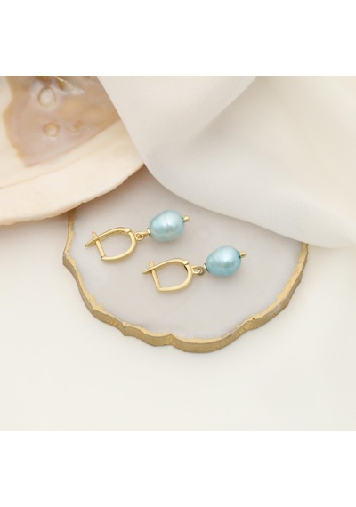 925 Ayar Gümüş Barock Fresh Blue Tatlısu İncisi Küpe-8mm