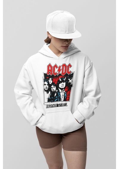 Sevbano Ac Dc Highway To Hell Baskılı Unisex Oversize Rock Metal Hoodie Beyaz
