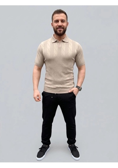 Erkek Yazlık Triko Dokuma Tişört Kısa Kol Polo Yaka T-shirt - Bej Çok Renkli
