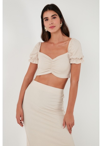 Lela Slim Fit Büzgü Detaylı Kalp Yaka Crop Bayan Bluz 5865601 Taş