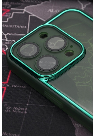 Apple Uyumlu iPhone 13 Pro Max Uyumlu Yeşil Kenarlı Renkli Yarı Şeffaf Kapak Kılıf Kamera Lens Korumalı Yeşil -