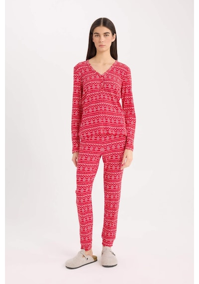 DeFacto Fall in Love Pijama Takımı Waffle Kumaş Uzun Kollu Üst Esnek Belli Uzun Alt D2284AX24WNRD59 Kırmızı