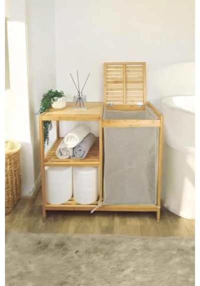 Bambu 3 Raflı Kumaş Sepetli Banyo Düzenleyici Kirli Çamaşır Sepeti Db-0046 Diğer