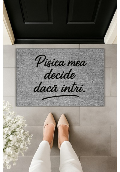 Rugmood Modern Dijital Baskı Pisica Mea Decide Dacă Intri - Kapı Önü Paspası Gri