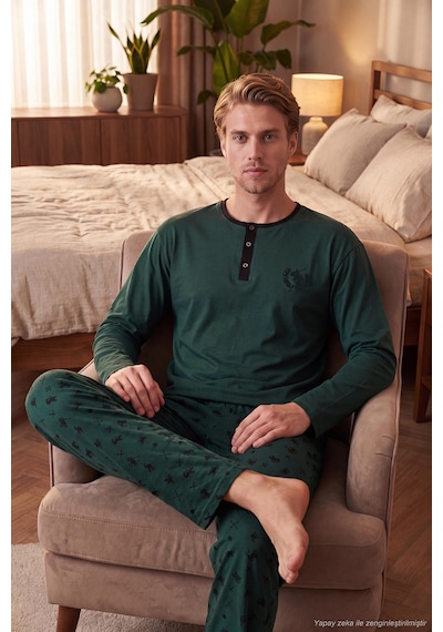 Buratti Desenli Pamuklu Düğmeli Bisiklet Yaka Pijama Takımı Erkek Pijama Takımı 6575002 Yeşil