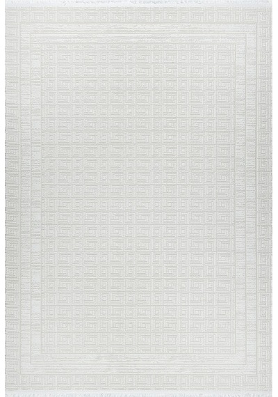 Grid Motifli Geometri Modern Tasarımlı Pamuk Tabanlı Salon - Oturma Odası Krem Renk Halı Krem