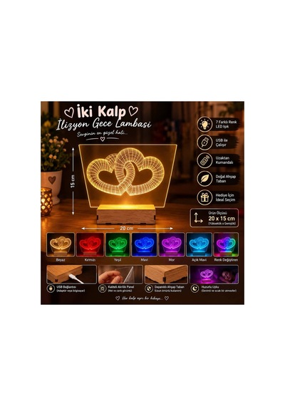 Şeffaf İlizyon Led Gece Lambası İki Kalp Görseli 20x15 Cm