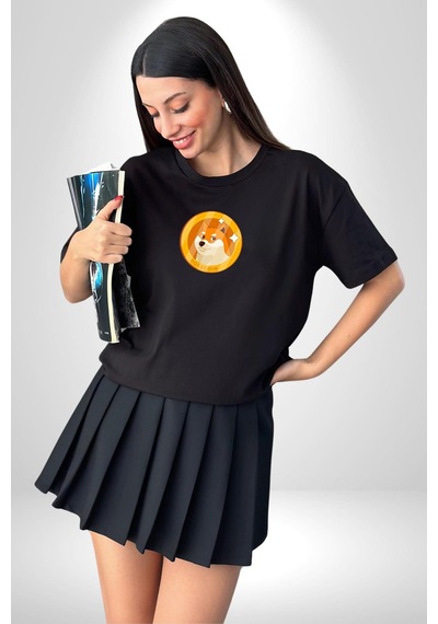 Doge Coin Siyah Oversize Unisex Ön Orta Minimal Baskılı Tişört Siyah