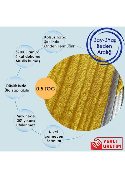 Yorni Hardal Yazlık Ve Mevsimlik 4 Kat Müslin Torba Uyku Tulumu Hardal