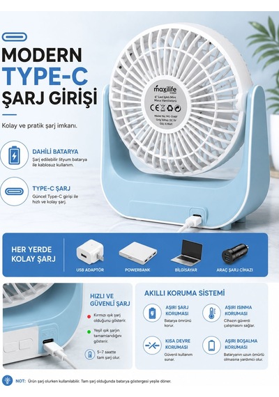 Breeze Mg-5146f Şarjlı Mini Masa Vantilatörü Led Işıklı 3 Kademeli Usb Type-c