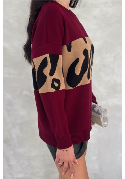Femelle Kadın Bordo Standart Beden Leopar Desen Oversize Triko Kazak