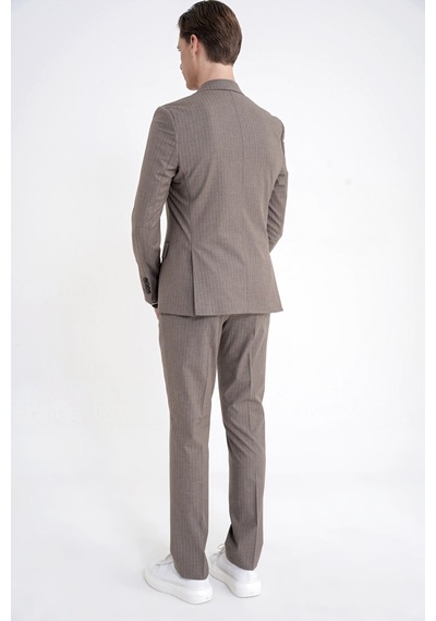 Efor Slim Fit Mono Yaka Esnek Yünlü Bej Çizgili Takım Elbise Tk 942