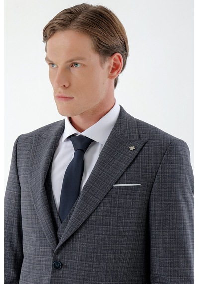 Morven Erkek Lacivert Poliviskon Trend Yelekli Ekoseli Slim Fit Sivri Yaka Takım Elbise 24mc001021200 Lacivert