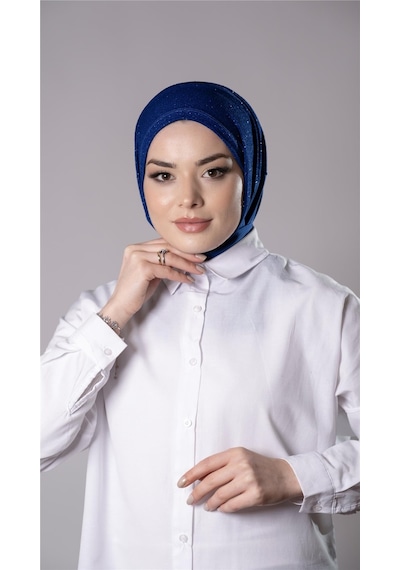 Hürrem Bone Saks Mavisi Pratik Hazır Geçmeli Tesettür Eşarp Sandy Kumaş Arkadan Çıtçıtlı 2206 24