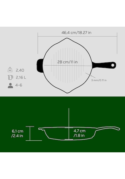 Lava Döküm Yuvarlak Izgara Tava Döküm Demir Yekpare Saplı Çap Ø 28cm. Yeşil Kırmızı
