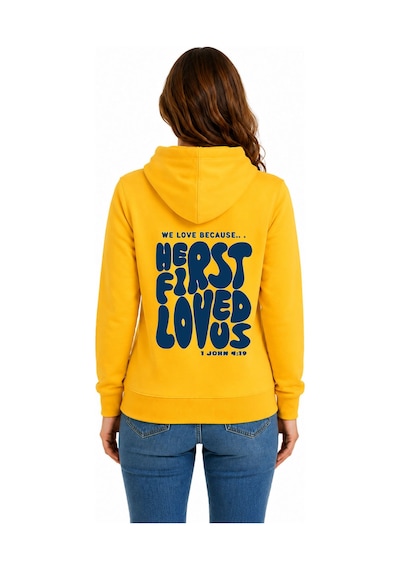 Herkesemoda First Love Arka Baskılı Kapüşonlu 2 İplik Şardonlu Sweatshirt Sarı