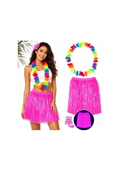 Neon Pembe Hawaii Etek 40 Cm Ve Rengarenk Hawaii Kolye Bx40