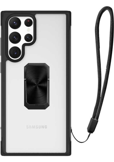 Samsung Uyumlu Galaxy S22 Ultra Kılıf Şeffaf Yüzüklü Standlı Ipli Kapak