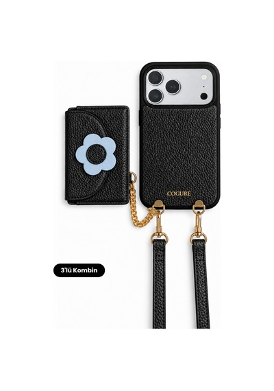 Hera Apple Uyumlu iPhone 18 Pro Max / 17 Pro Max Uyumlu Çiçek Magsafe Cüzdan, Kılıf, Askı Siyah 3'lü Set