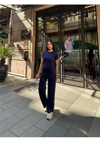 WeShaya Lacivert Polyester Keten Palazzo Takım Lacivert