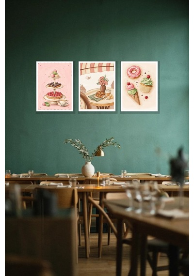Tatlı Kafe 3'lü Çerçeve Görünümlü 30x40 Cm Mdf Tablo Seti Salon Duvar Dekoru