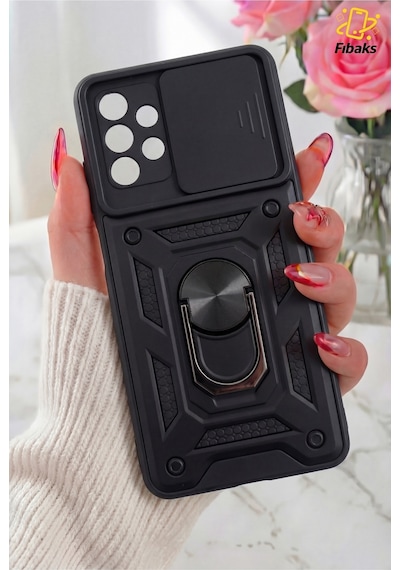 Fibaks Galaxy A32 4G Uyumlu Kılıf Kamera Korumalı Sürgülü Yüzüklü Armor Military Tank Zırhlı Kapak