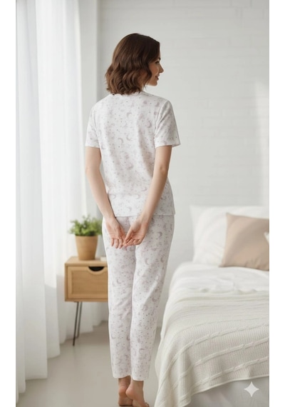Modasehle Kadın 3'lü Kısa Kollu Yüksek Bel Bisiklet Yaka Üst Alt Şort Pijama Takım Desenli