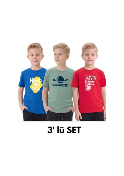 Fyk Kids 3'lü Yuvarlak Yakalı Baskı Detaylı Basic 3 Parça Erkek Çocuk Tişört Saks Mavi