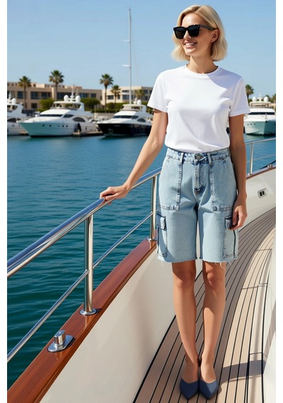 Benerly Kadın Yüksek Bel Kargo Cep Denim Bermuda Ham Paça Düz Desen Rigid Açık Mavi