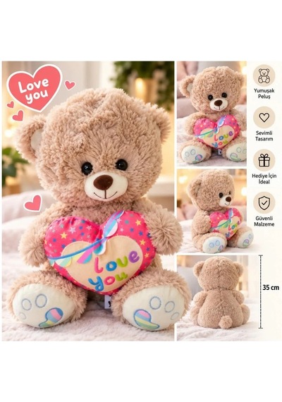 35 Cm Sevimli Kalpli Ayıcık Peluş Oyuncak Love You Tasarımlı Yumuşak Teddy Ayı Sevgiliye Hediye Pembe - Mor