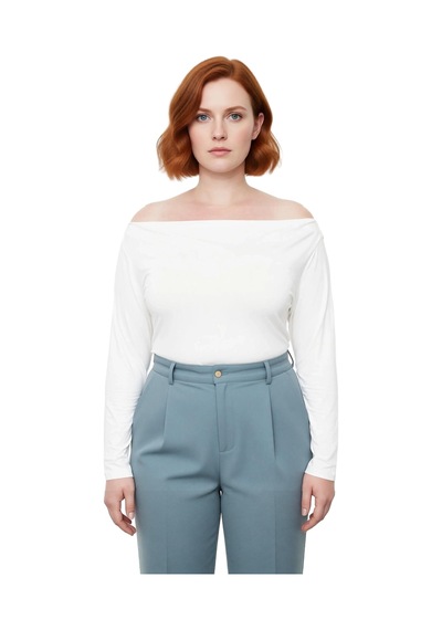 Ersefa Moda Büyük Beden Carmen Yaka Örme Fit Düz Desen Casual Günlük Reg Ekru