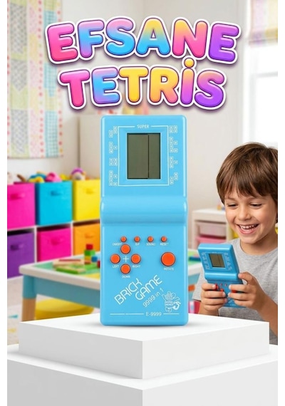Pilli Sesli 9 Butonlu 9999 İn 1 Renkli Nostaljik Tetris Eğitici Ve Eğlenceli Oyuncak El Konsolu Mavi