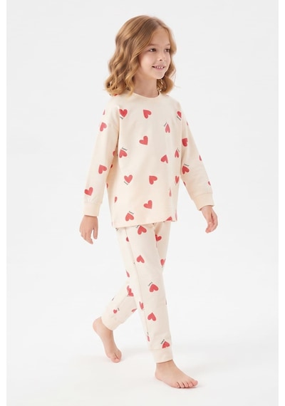 Bunny Hopp %100 Pamuk Süprem Kız Çocuk Pijama Takımı Krem Kırmızı Kalp Desenli Penye Uyku Seti Bunny Hopp %100 Pamuk Süprem Kız Çocuk Pijama Takımı Krem Kırmızı Kalp Desenli Penye Uyku Seti