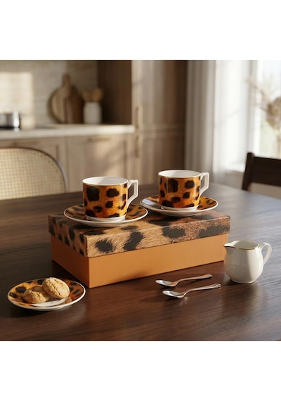 Tr 2'li Porselen Kahve Fincanı Takımı - 100 Cc Leopar Desenli Altın Yaldızlı Premium Türk Kahvesi Ve Espresso Fin Diğer