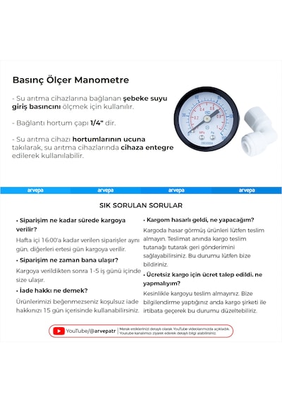Su Arıtma Cihazı Basınç Ölçer Manometre