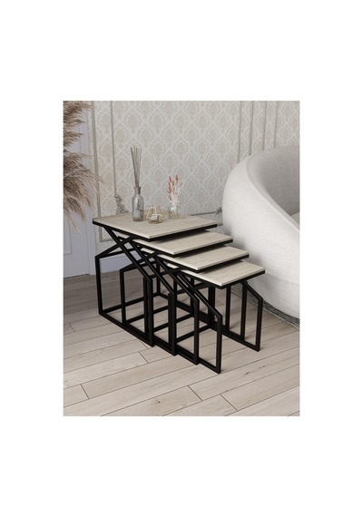Uygar Zigon Sehpa Yan Sehpa Metal Sehpa Siyah Metal - Traverten Desen Mdf Membran Kaplama Siyah-traverten