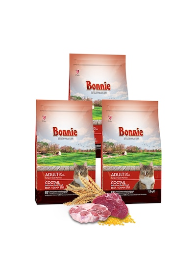 Bonnie Renkli Taneli Sığır Etli Yetişkin Kedi Maması 3 x 1500 G
