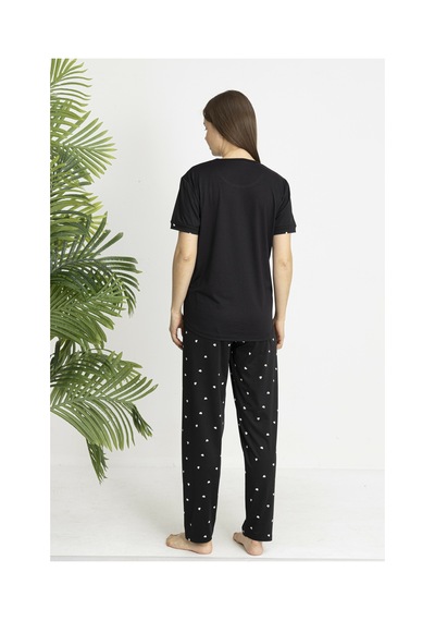 Estiva Kadın Kalp Alt Desenli Kısa Kollu Soft Pijama Takımı Siyah