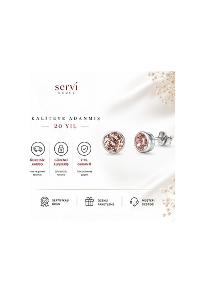 Servi 925 Ayar Gümüş Rose Glow 4 Mm Pembe Zirkon Taşlı Tektaş Küpe -524