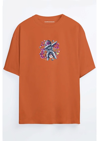 Astronot Baskılı Unisex Siyah - Beyaz - Turuncu - Bej Oversize T-shirt Turuncu