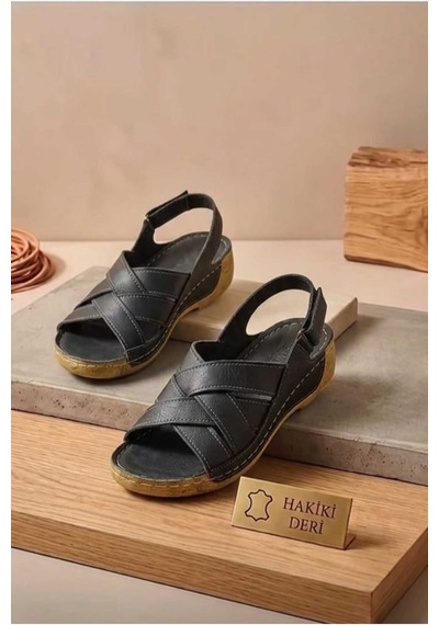 Pynare Çarpraz Bant Ortapedik Deri Sandalet Siyah Siyah