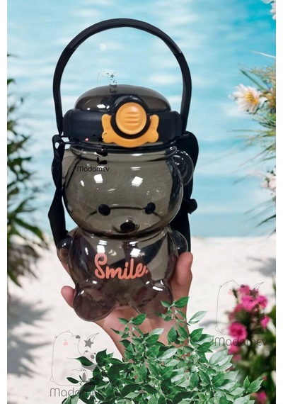 Şeffaf Smile Ayıcık Black Su Matarası 1000ml Askılı Çocuk Su Şişesi Pipetli Sızdırmaz Kokusuz Suluk Diğer