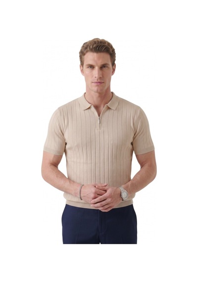Deepsea Erkek Bej Polo Yaka Fermuarlı Çizgi Dokulu Regular Fit Likralı Triko Tişört 2608008